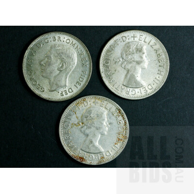 3x Australian Florin Silver Coins - 1954 Royal Visit & 1951 50 Years of Federation