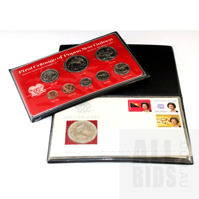 1977 Papua New Guinea 10 Kina Silver Coin Commemorative Cover & 1975 Coin Set