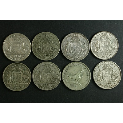 Australia Post-1945 Silver Florin Coins (x8)
