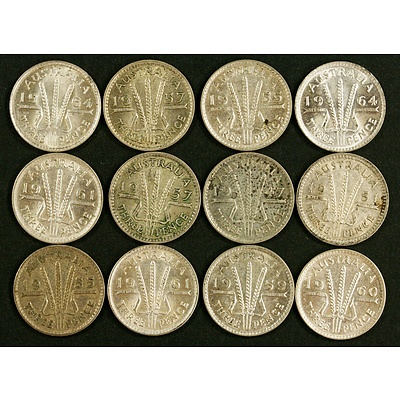 Australia Post-1945 silver threepence coins (x12)