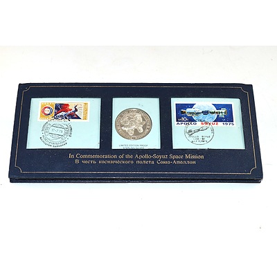 1975 Apollo-Soyuz Space Mission Commemorative Silver Medal & Stamp Set
