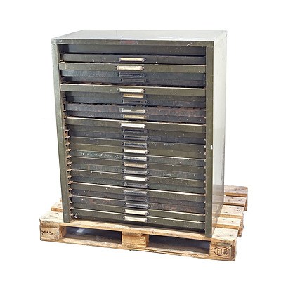 Large Vintage 24 Drawer Metal Cabinet Containing a Large Selection of Vintage Printing Blocks