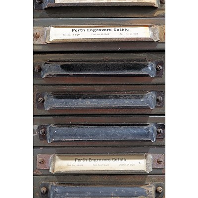 Large Vintage 24 Drawer Metal Cabinet Containing a Large Selection of Vintage Printing Blocks