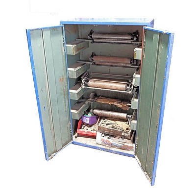 Large Vintage Metal Cabinet Containing a Selection of Vintage Printing Blocks and Equipment