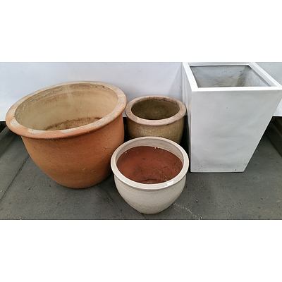 Four Decorative Garden Pots - Three Glazed Terracotta, One Fiberglass