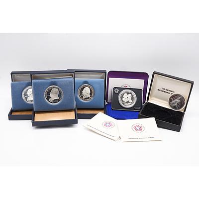 Five Boxed Proof American Revolution Bi-Centennial Commemorative Silver Medals