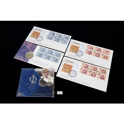 UK 2012 Queens Diamond Jubilee 5 Pound Coin, Coincraft Edward VIII 60th Anniversary Medallion and Cover and Three 1966 Coincraft Envelopes