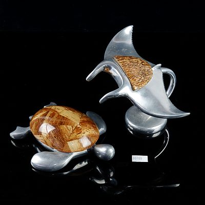 Decorative Chrome Turtle and Stingray Figurines with natural Fibre Inlay on Stands