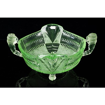 Brockwitz Art Deco Uranium Glass Footed Bowl with Figural Lion Handles