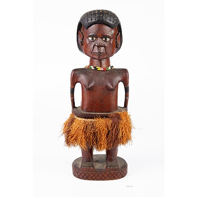 Vintage Carved Tribal Figure with Fibre Skirt, Papua New Guinea Mid 20th Century