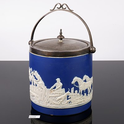 Antique Tunstall Blue and White Jasperware Biscuit Barrel with Hunting Motif