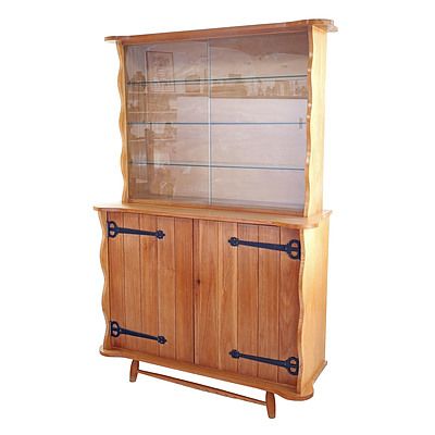 Vintage Hand Crafted Kitchen Dresser Cabinet with Glass Sliding Doors and Shelves Above, Cupboards Below with Metal Strap Hinges