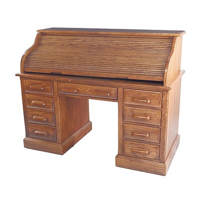 Antique Oak Cutler Style Rolltop Desk with Fitted Interior and Eight Drawers