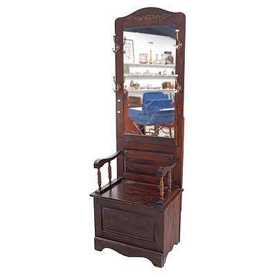 Antique Style Stained Pine Hall Stand with Compartment Seat