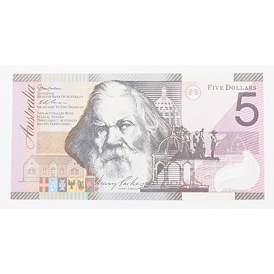 2001 MacFarlane Evans $5 Polymer Banknote, R219 FB01914643