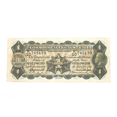 Australian 1927 Riddle/ Heathershaw One Pound Banknote, R26 K10745179