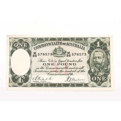 Australian 1933 Riddle/ Sheehan One Pound Banknote, R28 M86576573