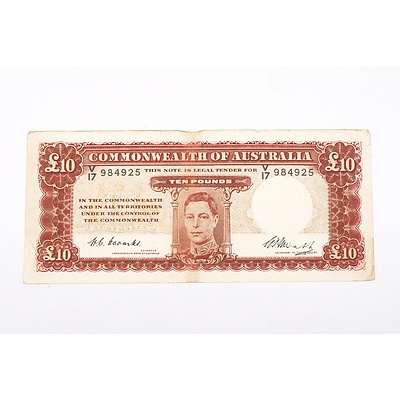  Australian 1949 Coombs/ Watt Ten Pound Banknote, R60 V17984925