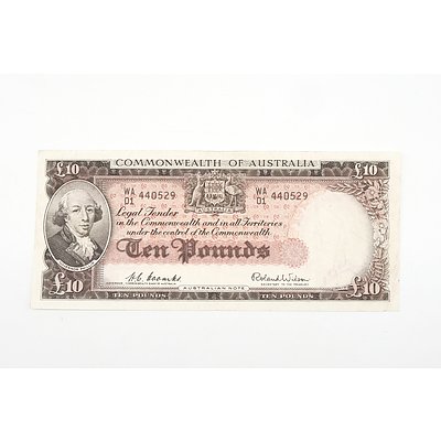 Australian 1954 Coombs/ Wilson Ten Pound Banknote, R62 WA01440529