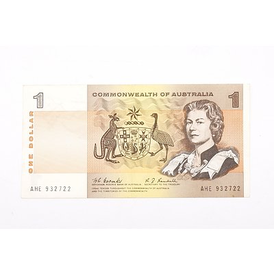 Australian 1968 Coombs/ Randall One Dollar Banknote, R72 AHE932722