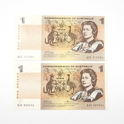 Two Australian 1972 Phillips/ Wheeler One Dollar Banknotes, R74 BFE515094 and BJV089334