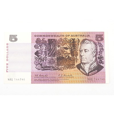 Australian 1968 Coombs/ Randall Five Dollar Banknote, R202 NAQ144746