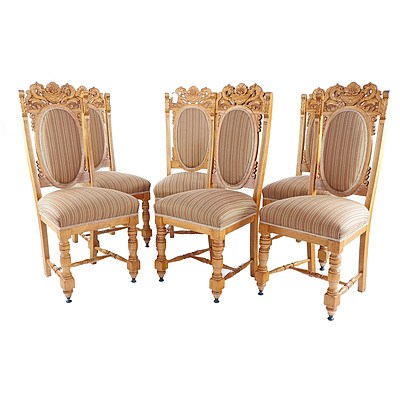 Set of Six Antique Dining Chairs with Ornate Dragon Motif Carved Tops and Newly Upholstered Seats and Backs