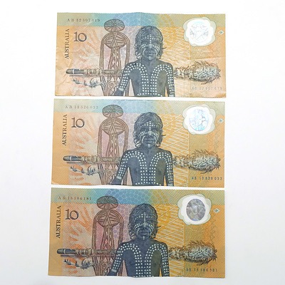 Three Australian 1988 Bicentennial $10 Notes, AB15184181, AB13526033 and AB32507919