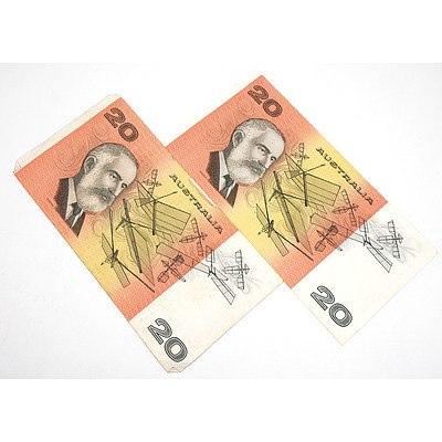 Two Australian Fraser/ Cole $20 Notes, RUJ534386 and RVG791079