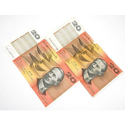 Two Australian Fraser/ Cole $20 Notes, RZP689725 and RVB697728