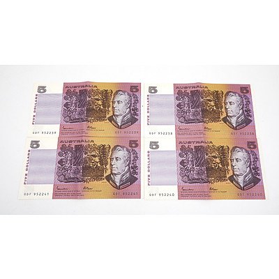 Four Consecutively Numbered Australian Johnston/ Fraser $5 Notes, QDF952238-QDF952241
