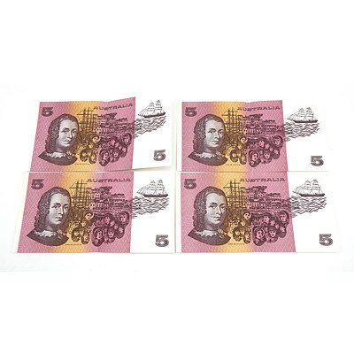 Four Consecutively Numbered Australian Johnston/ Fraser $5 Notes, QDF952238-QDF952241