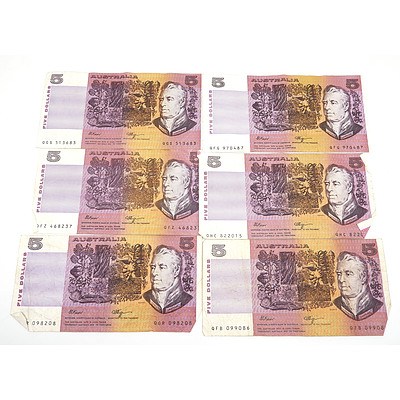 Six Australian Fraser/ Higgins $5 Notes, QFB, QFG, QGS, GHC, QFZ, QGR