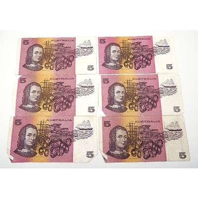 Six Australian Fraser/ Higgins $5 Notes, QFB, QFG, QGS, GHC, QFZ, QGR