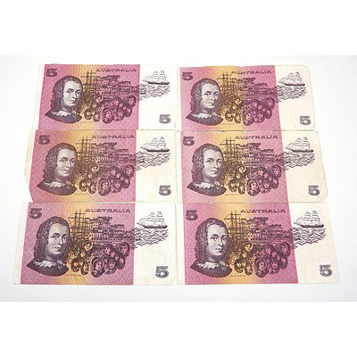 Six Australian Johnston/ Fraser $5 Notes, QBG, QAS, QBG, PRG, PQR, PTP