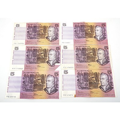 Six Australian Johnston/ Fraser $5 Notes, PZV, PSA, PTZ, PTN, PYD, PYQ