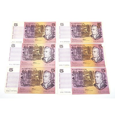 Six Australian Johnston/ Fraser $5 Notes, PTG, PVL, QCQ, PTJ, PXS, PVB