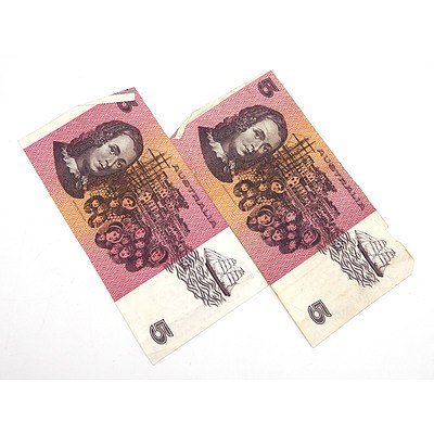 Two Australian Knight/ Wheeler $5 Notes, NRN102521 and NSB906154