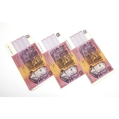 Three Australian Fraser/ Higgins $5 Notes, QHF800815, QFS918463 and QGE318995