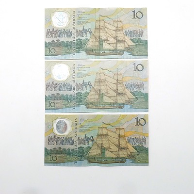 Three Australian 1988 Bicentennial $10 Notes, AB15184181, AB13526033 and AB32507919