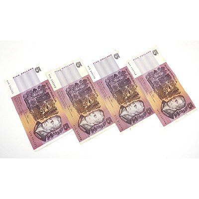 Four Australian Knight/ Stone $5 Notes, NYY155748, NYG846456, NYG240098 and NYR954725