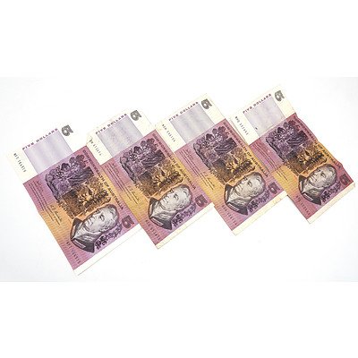 Four Australian Phillips/ Randall $5 Notes, NHQ352463, NGH506154, NGH613614, NFT164919