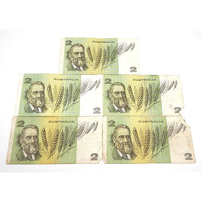Five Australian Knight / Wheeler $5 Notes, HNC, HQF, JBL, HQK, JDE