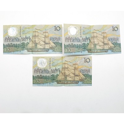 Three Australian 1988 Bicentennial $10 Notes, AB20631243, AB39757865 and AB35766649