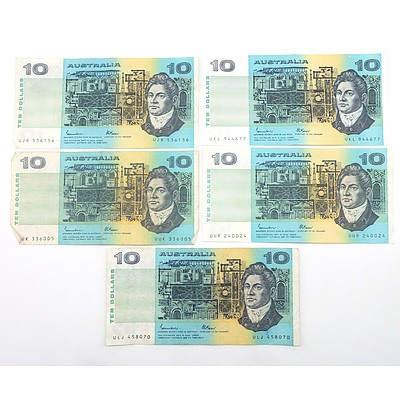 Five Australian Johnston/ Fraser $10 Notes, UUR, UUK, UKL, ULJ and UJR