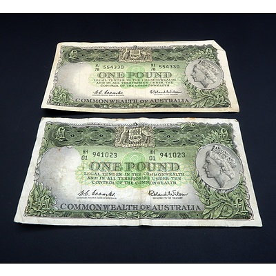 Two Commonwealth of Australia Coombs/ Wilson One Pound Notes, HH01 941023 and HJ78 554330