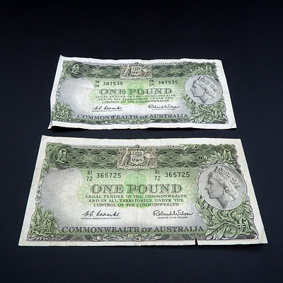 Two Commonwealth of Australia Coombs/ Wilson One Pound Notes, HK04 387535 and HI72 365725