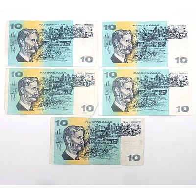 Five Australian Johnston/ Fraser $10 Notes, UUR, UUK, UKL, ULJ and UJR