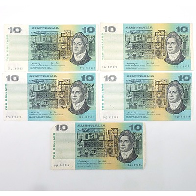 Five Australian Knight/ Stone $10 Notes, TQA, TQD, TPH, TSZ and TTL