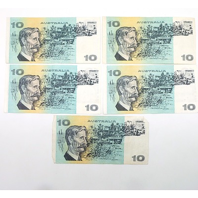 Five Australian Knight/ Stone $10 Notes, TQA, TQD, TPH, TSZ and TTL